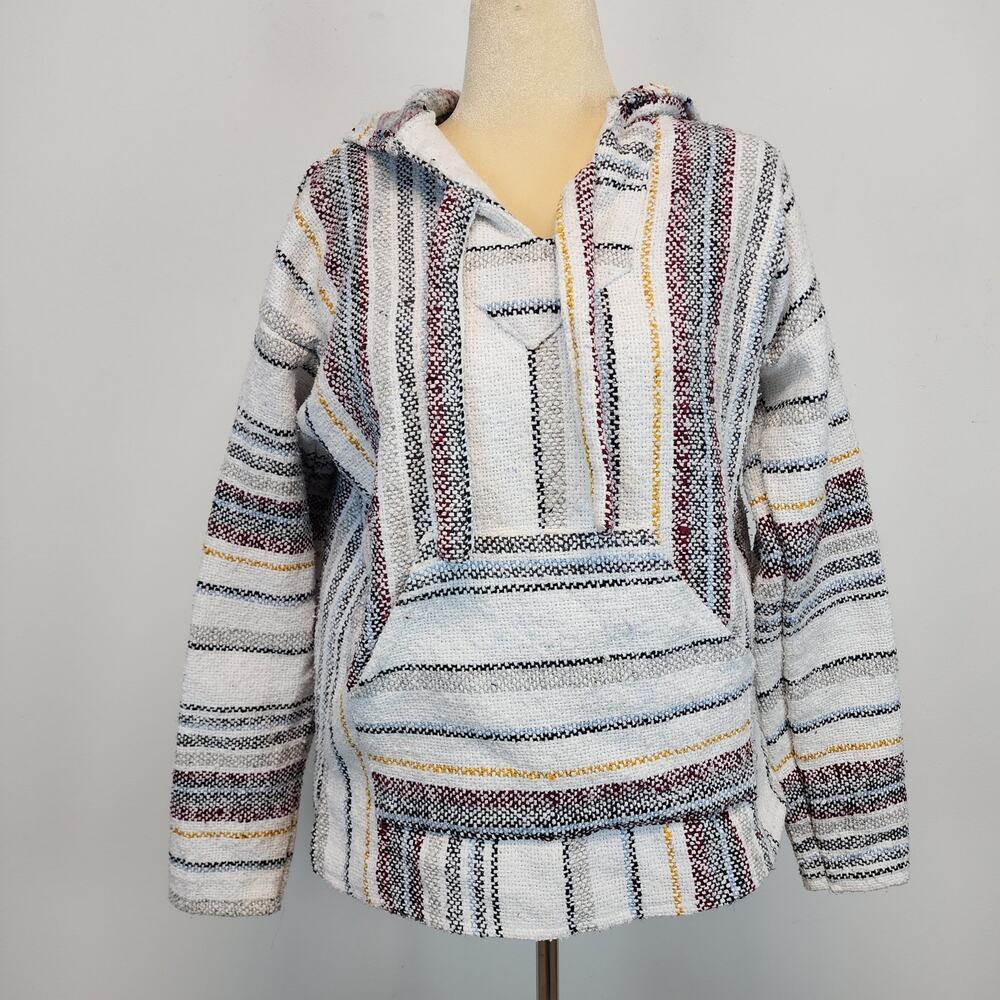 Adult Striped Baja Campfire Poncho Size S Ivory Gray Pullover Hooded Skater